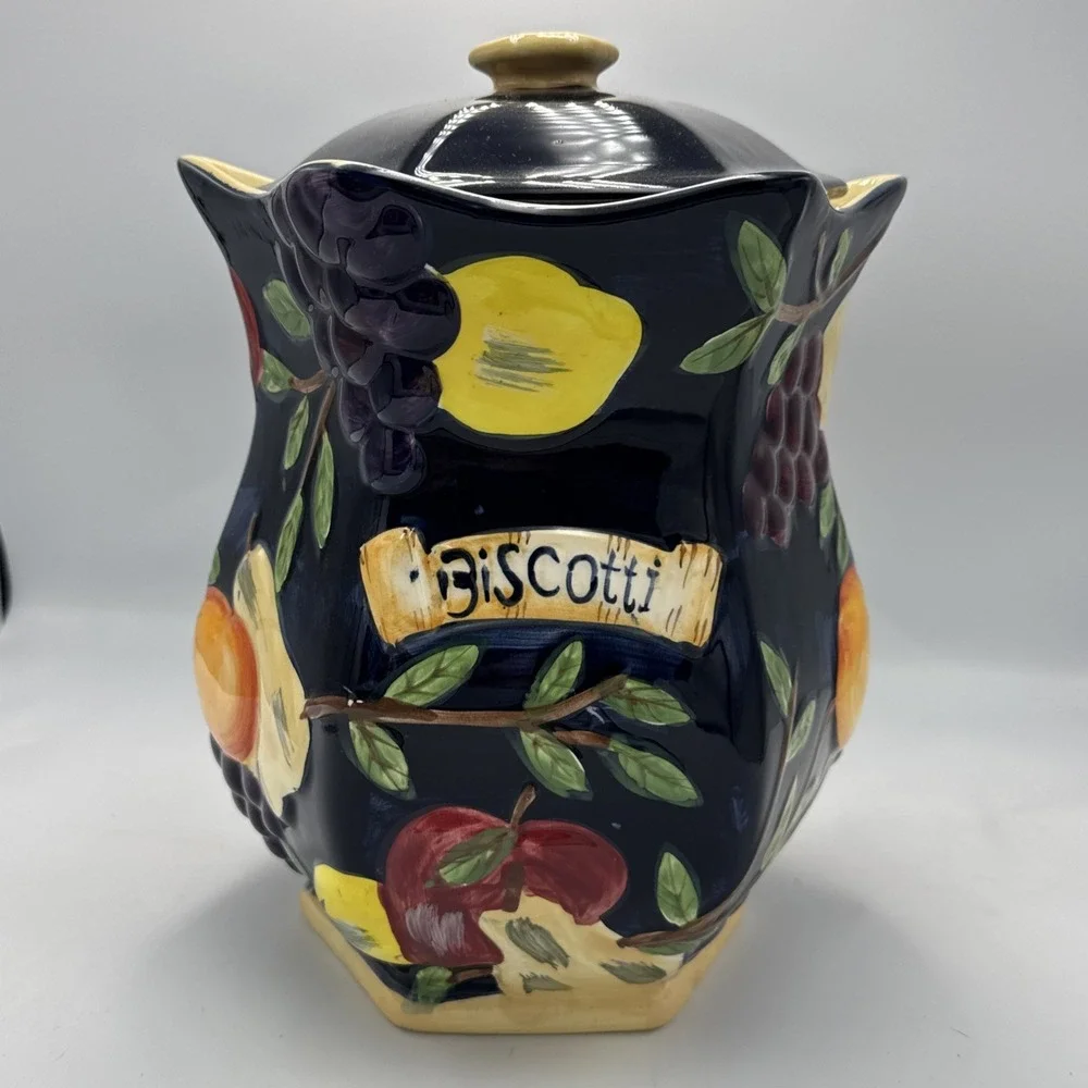 Hand Painted for Nonni's Biscotti Cookie Jar, Raised Fruit, Ceramic Canister